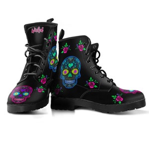 Combat Boots Wicked Skulls Women&#39;s Leather Boots Gifts for Her, Custom Skulls Shoe