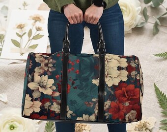 Floral Garden Travel Bag, Teal Botanical Weekender Bag for Women, Blossom Print Custom Bag