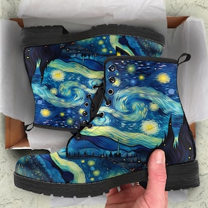 Van Gogh Galaxy Star Leather Boots, Women's Boots Vegan Leather Classic Boots,  Gift For Artist Art Lover, Casual Boots