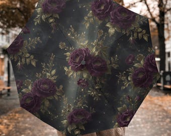 Midnight Plum Roses & Gold Leaves Umbrella, Automatic Folding Windproof Rain Umbrella, Dark Cottagecore Gift