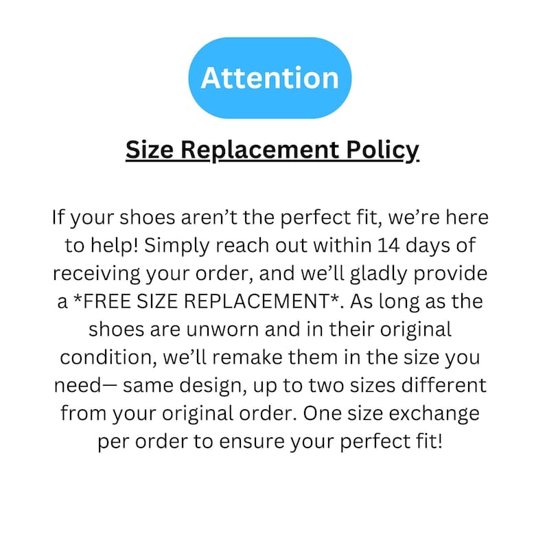 Pode incluir: Texto em fundo branco detalhando uma pol&iacute;tica de substitui&ccedil;&atilde;o de tamanho de sapatos. Um oval azul com a palavra "Attention" no topo. A pol&iacute;tica oferece uma substitui&ccedil;&atilde;o de tamanho gratuita dentro de 14 dias ap&oacute;s a compra.