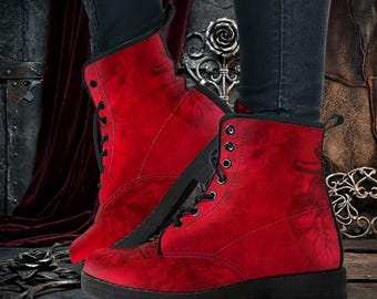 Combat Boots Red Gothic Heart Vegan Leather Boots