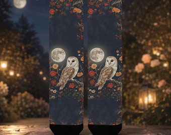 Moonlit Owl Garden Crew Socks for Women – Whimsical Owl Socks, Made in USA