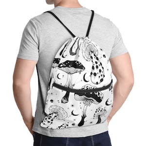 Black white Mushrooms Drawstring Backpack, Gym Bag Gifts for Her, Custom Printed Drawstring Backpack, Beach Back Packs