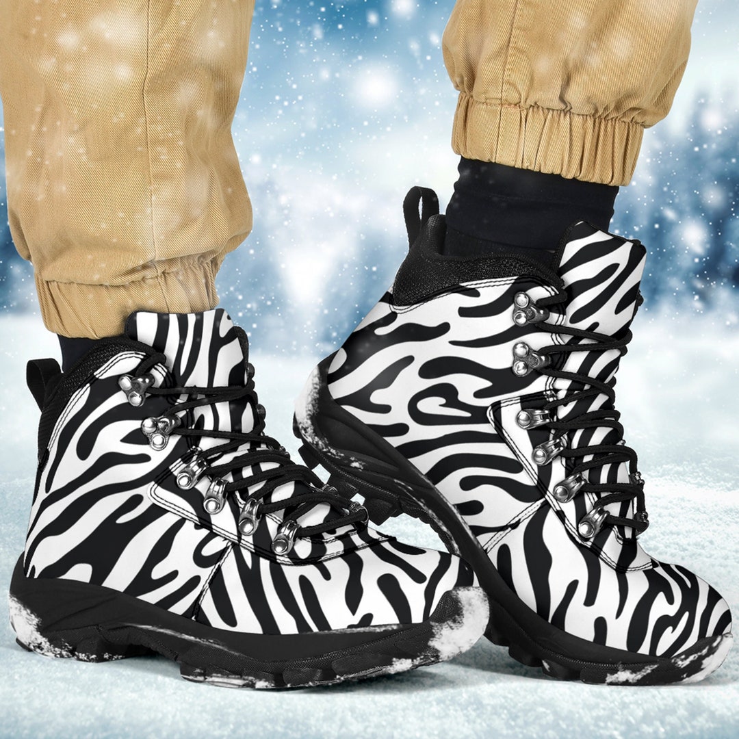 Black Zebra Print Alpine Boots: Vegan Winter Shoes - Main Image