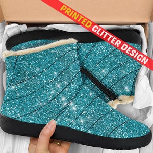 Blue Sparkle Glitter Cozy Winter Boots , Girlfriend Gifts for Her Outdoor Boots Custom Winter Shoes