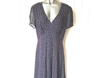 Vintage silk dress, retro 50s style dress by Kew, swing dress, wartime dress, tea dress, navy spotty summer dress