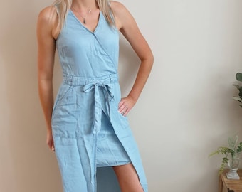 Vintage dress, 90s dress, utility lightweight denim midi dress with inner short skirt