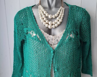 Crochetted green  art deco style, bolero crochet shrug 20s 30s style, by Sky Designs, festivals, summer cardigan