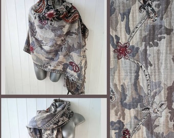 Pashmina scarf, large fringed grey pashmina, scarf, wrap, floral, paisley design, womens gift, deadstock,  wool, cotton