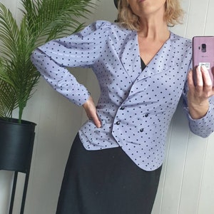Vintage waistcoat style blouse, Sixth Sense by C&A, 80s does 50s, lilac and black polka dot double breasted blouse, spotty jacket blouse