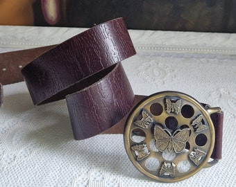 Vintage leather belt with large butterfly buckle, adjustable 90s belt, rare, chunky Western indie belt with nice patina, nature, bug