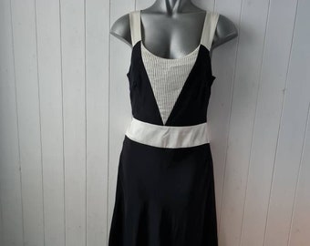 Vintage silk dress, in black with ivory, by Coast, stunning dress with tie sash belt, fluted bias cut skirt