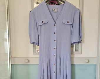 Vintage midi dropped wast dress in lilac 80s dress by Kim London, button up, quarter belt, floaty simplistic cottage core dress