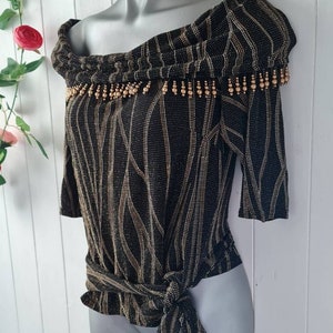 Vintage top, Joseph Ribkoff Couture, black and gold top, with beaded trim, J Ribkoff, Couture, swirly design, unique top
