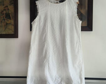Crisp white broderieangles summer cotton eyelet lace sleeveless dress, cottage core retro prarie style dress, holiday
