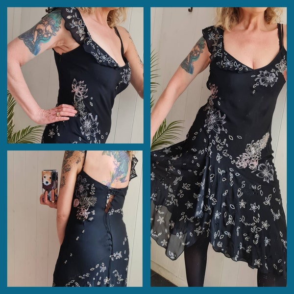 Vintage Karen Millen black silk beaded,embroidered cocktail dress, acemetric skirt,frilled shoulder strap,lace up back, cut out design