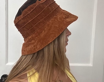Vintage 90s designer 40s style hat by Sophie Kathalina, Boo! in embossed brown, tan faux suede, bucket style,  cloche cap, 40s retro