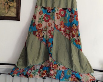 Silk patchwork boho hippy low waist skirt, silk skirt, by James Lakeland, unusual summer cottage core skirt, made in Italy