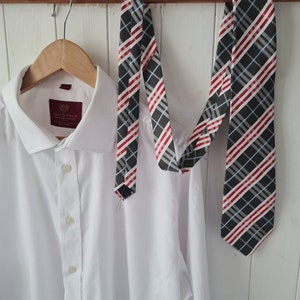 Vintage Silk tie, Kai Long, hand made tie, 90s tie, checked design,  grey, red white, retro tie, mens tie