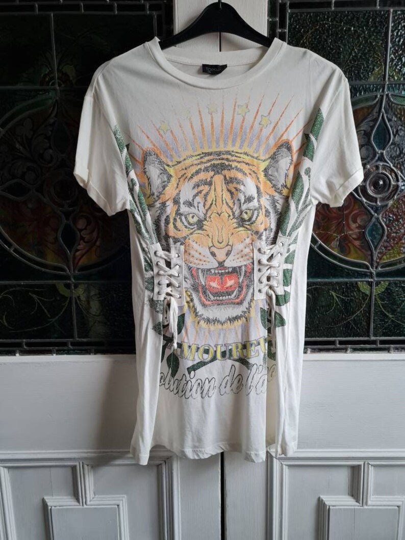 Vintage topshop tshirt dress with corset style lace up front, tiger print, revolution de l'amour, cotton, long tshirt image 2