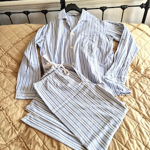 Mens traditional style striped pyjamas, Savile Collection, Derek Rose, blue stripe, excellent condition, cotton flannel, gift for him