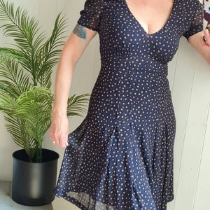 Vintage silk dress, retro 50s style dress by Kew, swing dress, wartime dress, tea dress, navy spotty summer dress