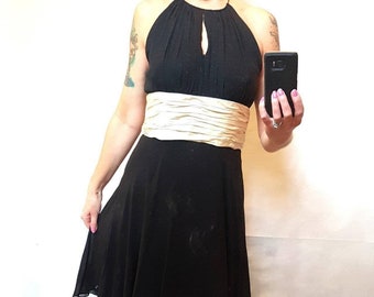 Vintage dress, retro style  silk dress, in black with ivory detail, cute dress