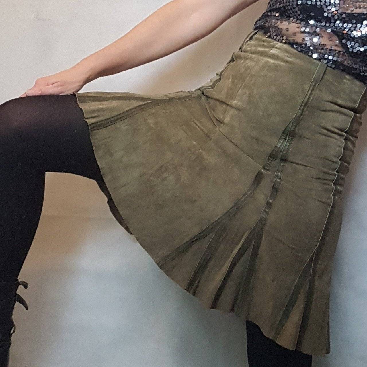 Image of Vintage Skirt, S Suede By Promod. Khaki Panelled Skirt S Boho Hippy
