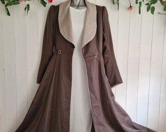 Brown and cream Vintage midi frock coat with winged cuffs and full skirt fitted waist