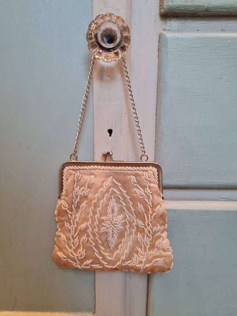 Vintage bag beaded evening bag ivory beaded purse on chain image 1