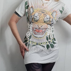 Vintage topshop tshirt dress with corset style lace up front, tiger print, revolution de l'amour, cotton, long tshirt image 4