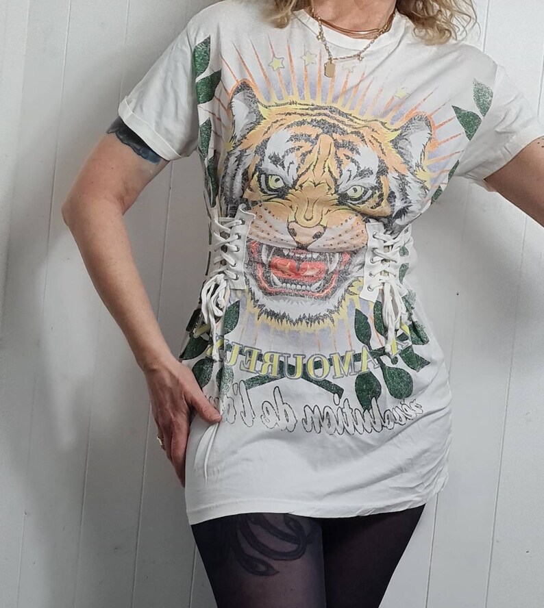 Vintage topshop tshirt dress with corset style lace up front, tiger print, revolution de l'amour, cotton, long tshirt image 4