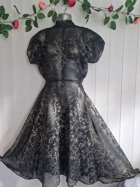 Homemade Vintage Dress in Black and Gold Foil Motif Sheer Organza Fabric,  Full Skirt, High Neck Dropped Shoulder Design, Unusual Dress - Etsy