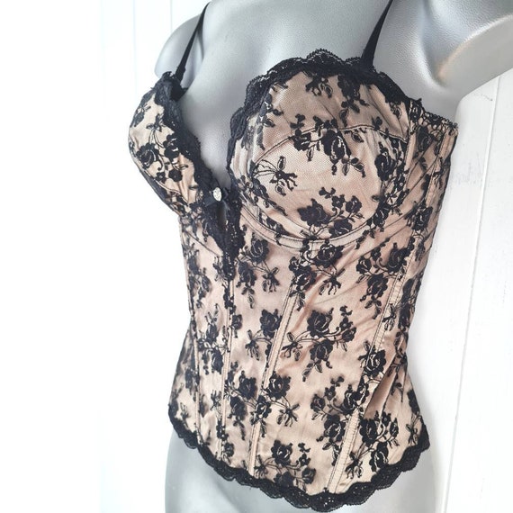 Vintage lace corset basque in black with gold, overla… - Gem