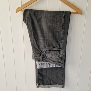 Vintage charcoal grey distressed denim jeans, Life and Limb workwear, Risky Buisness, denim jeans with coloured stitching, cool retro jeans