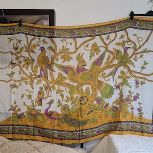 Large tropical design sarong wrap in cotton, peacocks, parrots, owl, tropical flowers, woth border design, wall hanging