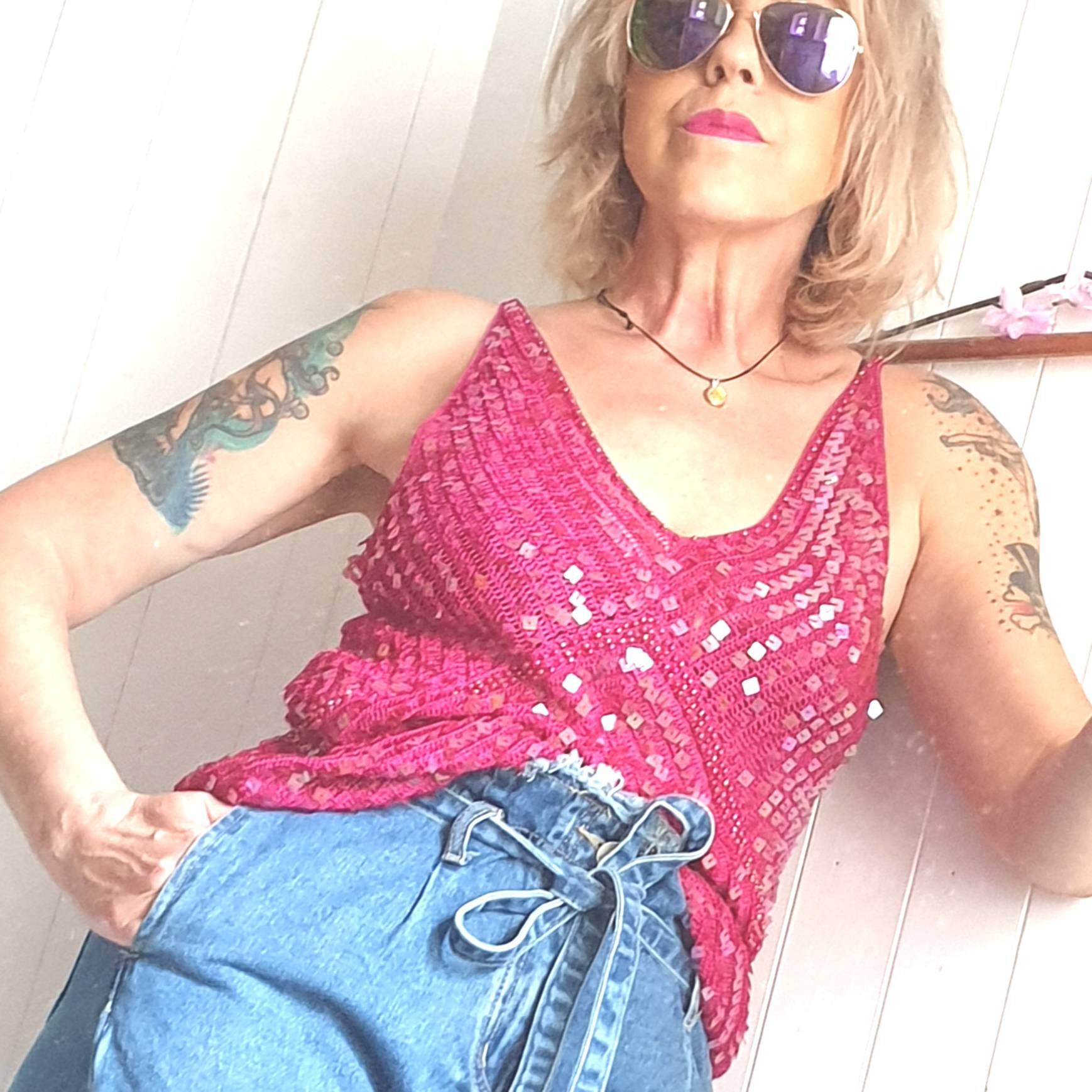 Image of Vintage Sequin Top, S Sparkly Hot Pink, & Beaded Knitted Vest Top