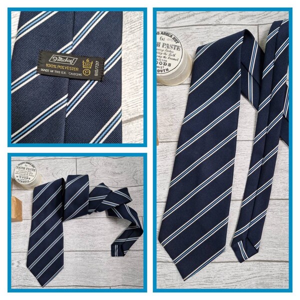 Vintage Krawatte, 80er Jahre Ringelkrawatte, St Michael, klassisches Design Krawatte, marine, weiß, blau, Herrenkrawatte
