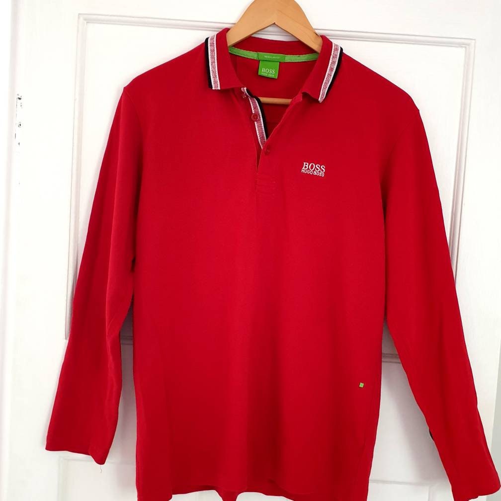 Image of Vintage Hugo Boss Long Sleeve Polo Shirt in Bright Red, Boss
