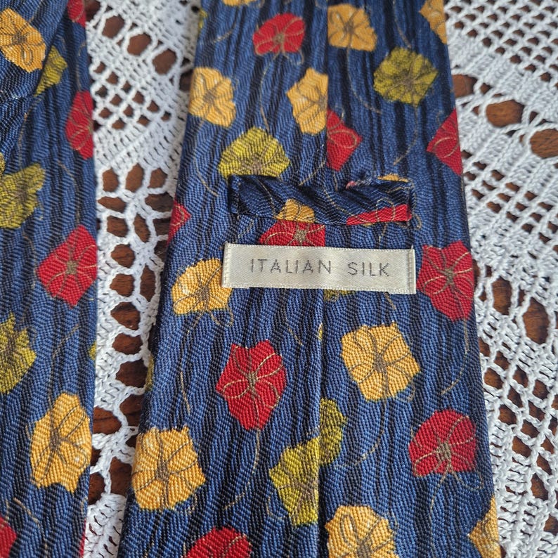 Italian Silk tie by St Michael, Marks and Spencer, floral abstact design in navy red yellow green vintage tie made in UK, mens retro fashion image 7