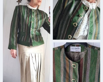 Vintage linen striped jacket in green, 70s fitted short jacket by Le Finte, Italian collarless statement jacket