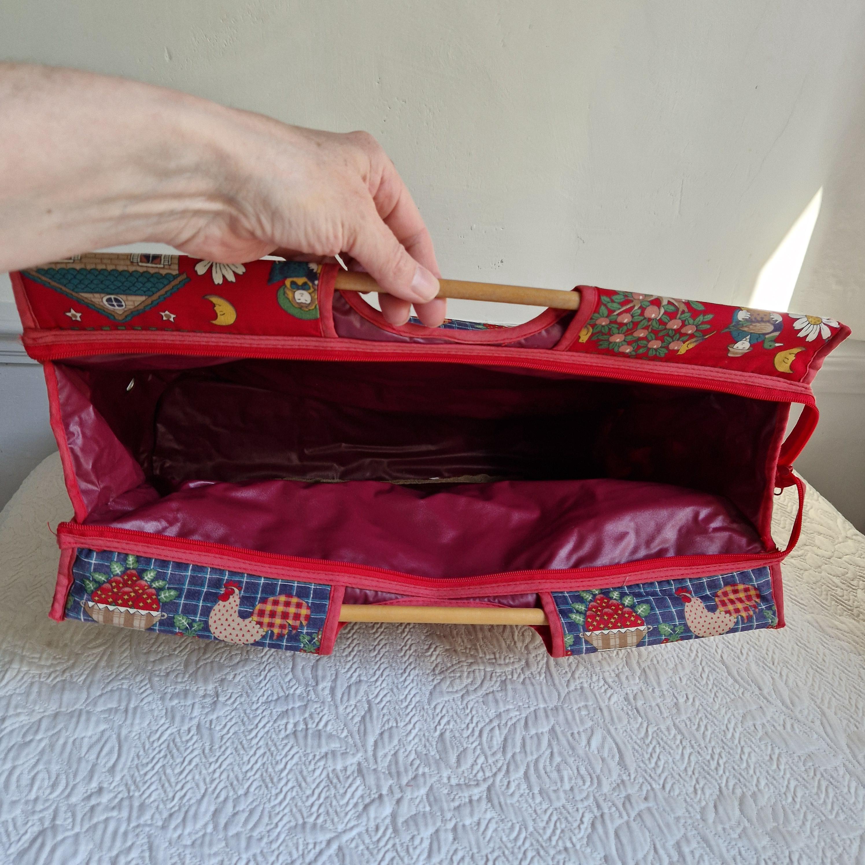 Vintage Knitting Bag in Bright Farmyard Design With Wooden