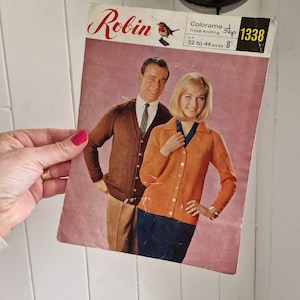 60s knitting pattern, Robin no 1338, Colorama, tripple knit, mens womens matching cardigan, vintage paper pattern, not download