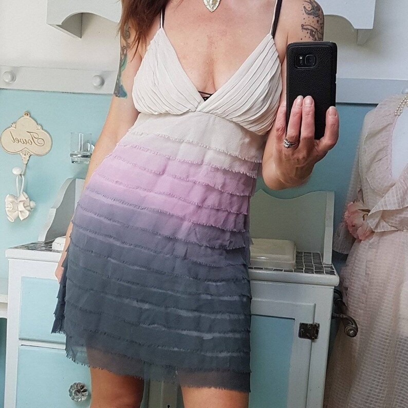 Vintage Lipsy silk cocktail dress flapper style with layered feathery tiers in a dip dye effect