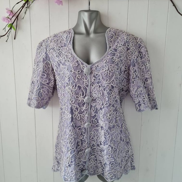 Vintage lilac beaded lace tunic, Gina Bacconi, 80s top, ribbon work all over pattern, lace, tiny bads, beaded large buttons, wedding, cruise