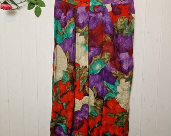 Bright floral linen midi skirt by Max Mara, made in Italy, linen button waist, open front, wrap around pencil skirt
