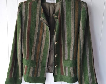 veste rayée en lin vintage verte, veste courte ajustée des années 70 par Le Finte, veste sans col italienne