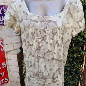 Vintage summer dress by Farhi, cotton semi sheer botanical print dress in taupe and primrose with drop waist