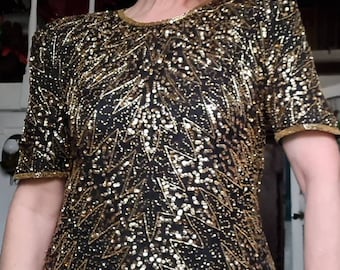 Vintage silk beaded and sequin 80s evening top in black and gold, allover heavily beaded and sequined design, by Rare